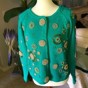 SWEATER TOP OR CARDIGAN BEADED IN GOLD EXCELLENT CONDITION GREEN SZ S